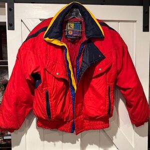 Kids Red Puffer Jacket with Navy Accents